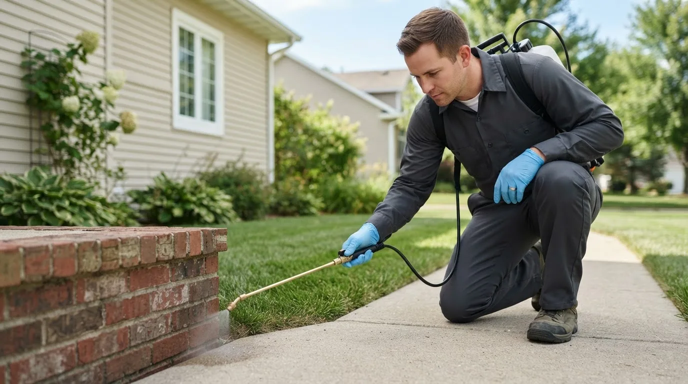 Pest control technician treating a home near Stoughton, MA