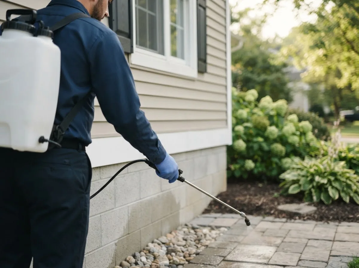 Pest control technician inspecting a home in Stoughton, MA